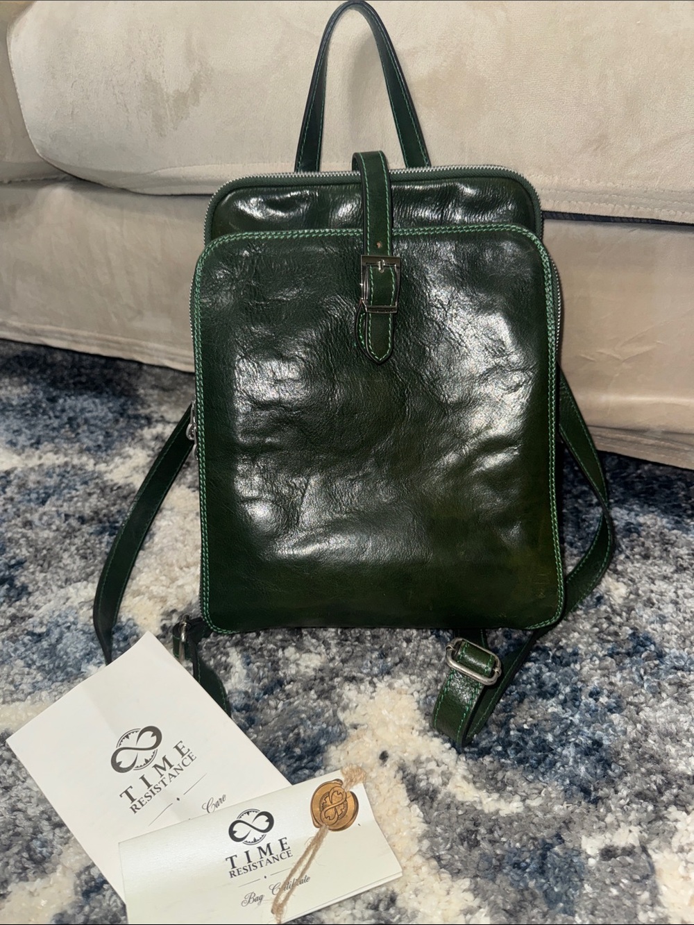 Time Resistance Green Leather Backpack - Picture 3 of 10